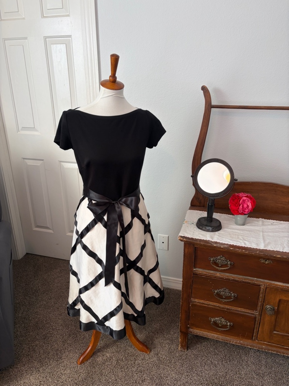 Tadashi Shoji Black and White Contrast Dress with Grid Detail